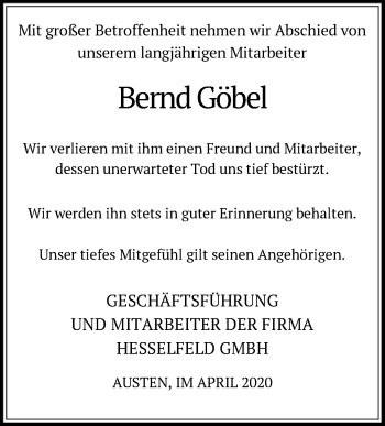 Traueranzeige von Bernd Göbel von SYK