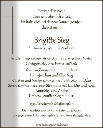 Traueranzeige von Brigitte Sieg von SYK