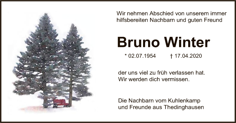  Traueranzeige für Bruno Winter vom 24.04.2020 aus SYK