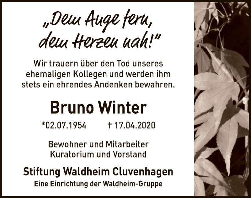  Traueranzeige für Bruno Winter vom 24.04.2020 aus SYK