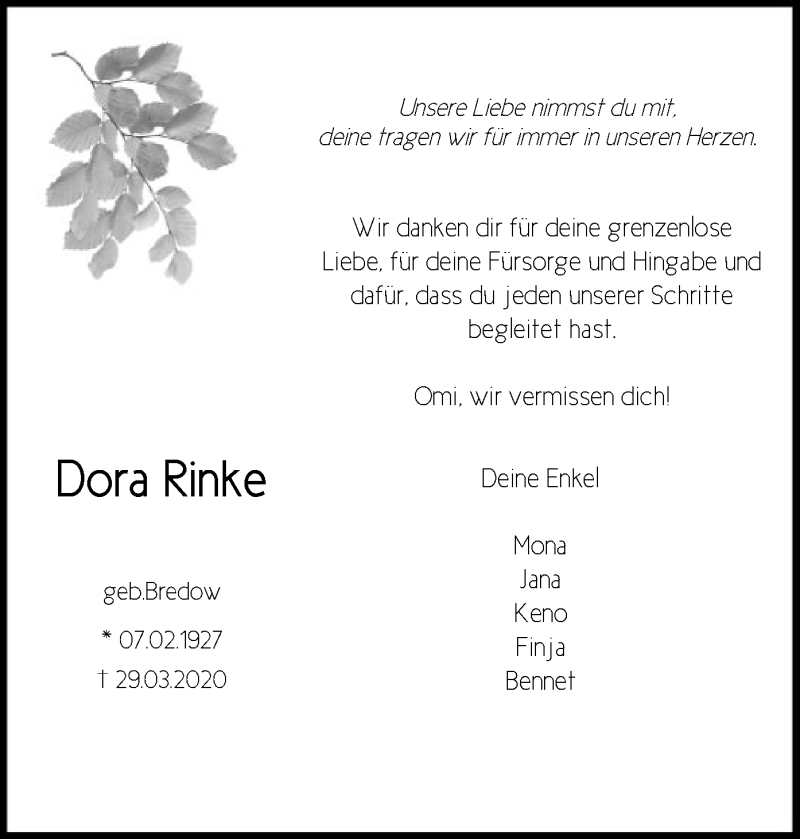  Traueranzeige für Dora Rinke vom 04.04.2020 aus SYK