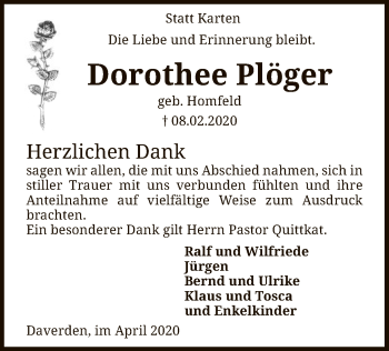 Traueranzeige von Dorothee Plöger von SYK