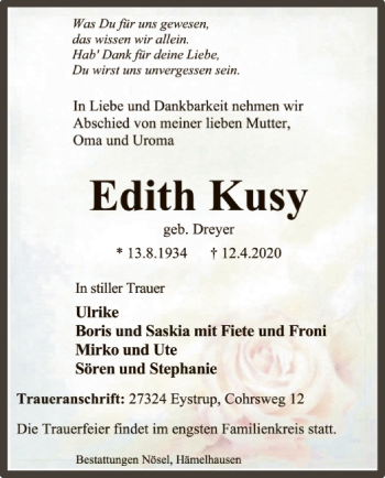 Traueranzeige von Edith Kusy von SYK