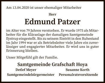 Traueranzeige von Edmund Patzer von SYK