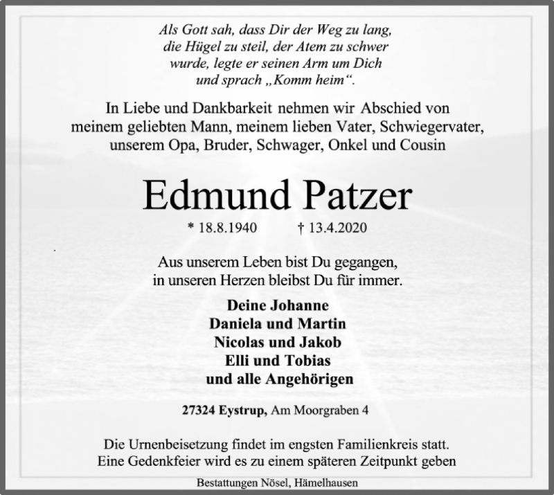  Traueranzeige für Edmund Patzer vom 18.04.2020 aus SYK