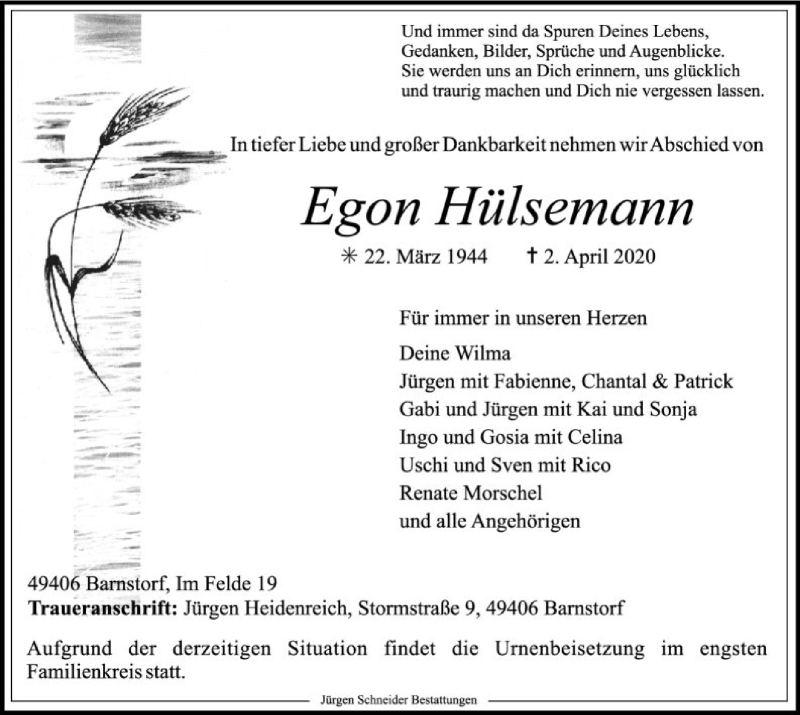  Traueranzeige für Egon Hülsemann vom 08.04.2020 aus SYK