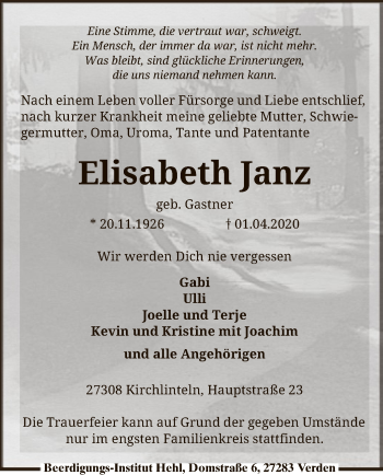 Traueranzeige von Elisabeth Janz von SYK