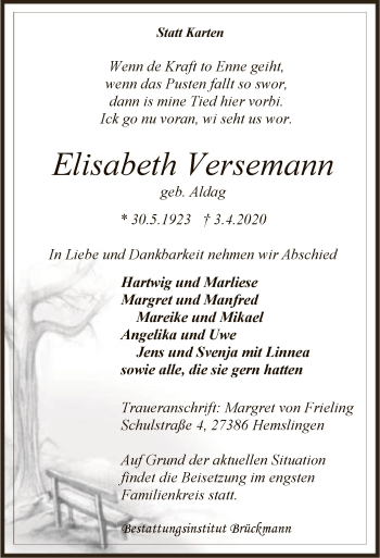 Traueranzeige von Elisabeth Versemann von SYK