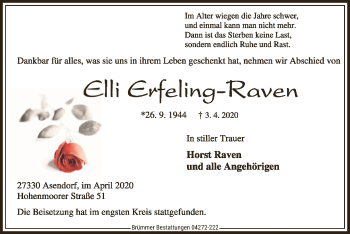 Traueranzeige von Elli Erfeling-Raven von SYK