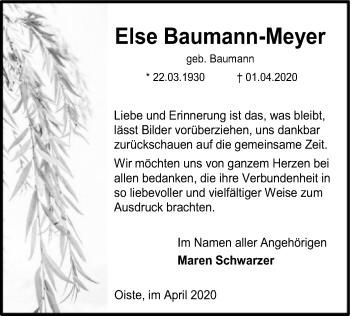 Traueranzeige von Else Baumann-Meyer von SYK