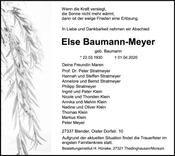 Traueranzeige von Else Baumann-Meyer von SYK