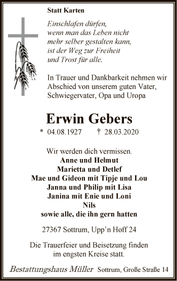 Traueranzeige von Erwin Gebers von SYK