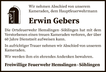 Traueranzeige von Erwin Gebers von SYK