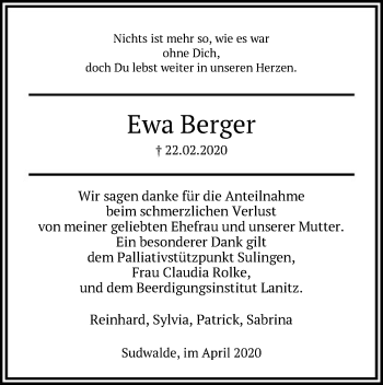 Traueranzeige von Ewa Berger von SYK