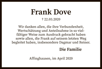 Traueranzeige von Frank Dove von SYK