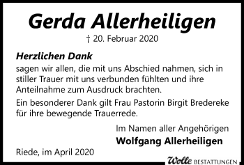 Traueranzeige von Gerda Allerheiligen von SYK