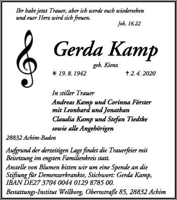 Traueranzeige von Gerda Kamp von SYK