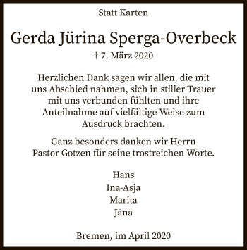 Traueranzeige von Gerda Jürina Sperga-Overbeck von SYK