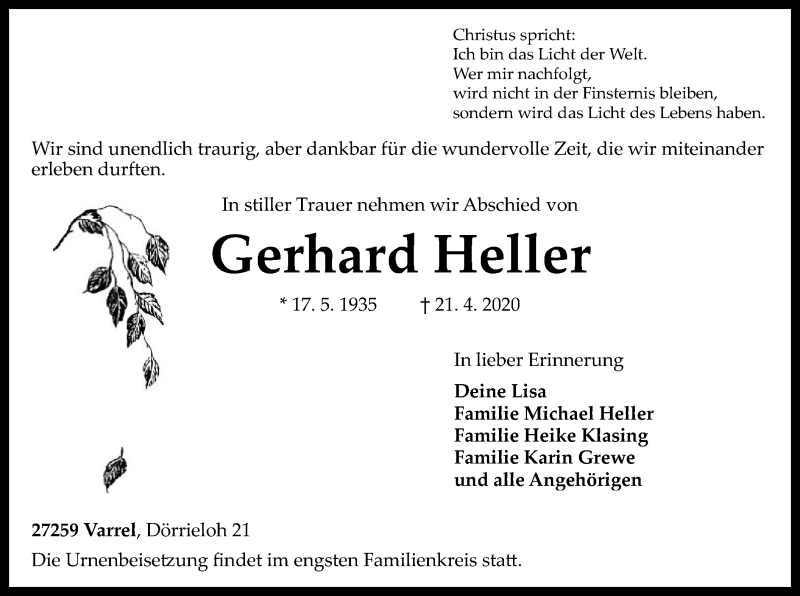  Traueranzeige für Gerhard Heller vom 25.04.2020 aus SYK