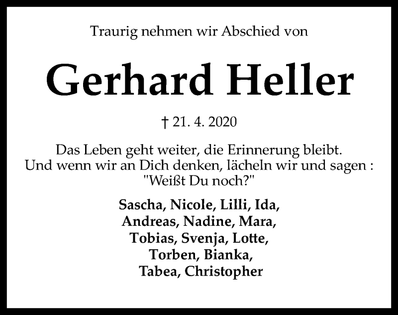  Traueranzeige für Gerhard Heller vom 25.04.2020 aus SYK