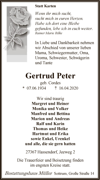 Traueranzeige von Gertrud Peters von SYK