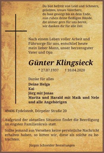 Traueranzeige von Günter Klingsieck von SYK