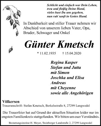 Traueranzeige von Günter Kmetsch von SYK