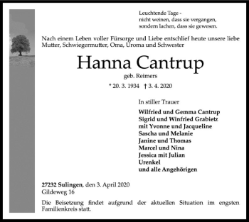 Traueranzeige von Hanna Cantrup von SYK