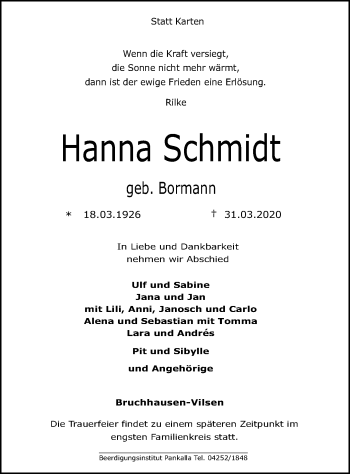 Traueranzeige von Hanna Schmidt von SYK