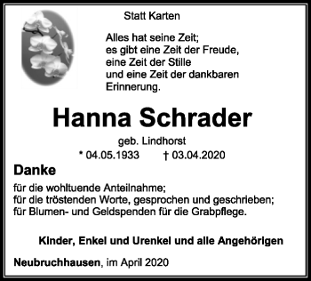 Traueranzeige von Hanna Schrader von SYK