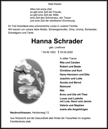 Traueranzeige von Hanna Schrader von SYK