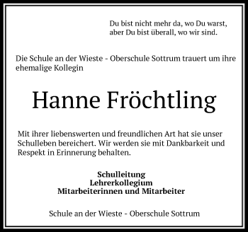 Traueranzeige von Hanne Fröchtling von SYK