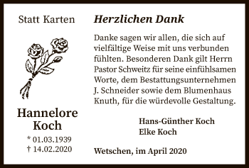 Traueranzeige von Hannelore Koch von SYK