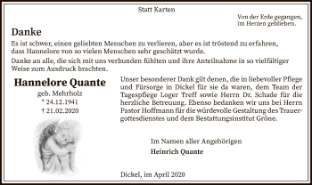 Traueranzeige von Hannelore Quante von SYK