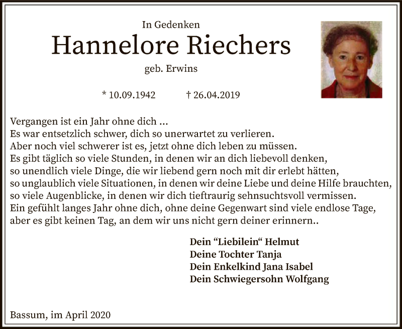  Traueranzeige für Hannelore Riechers vom 25.04.2020 aus SYK