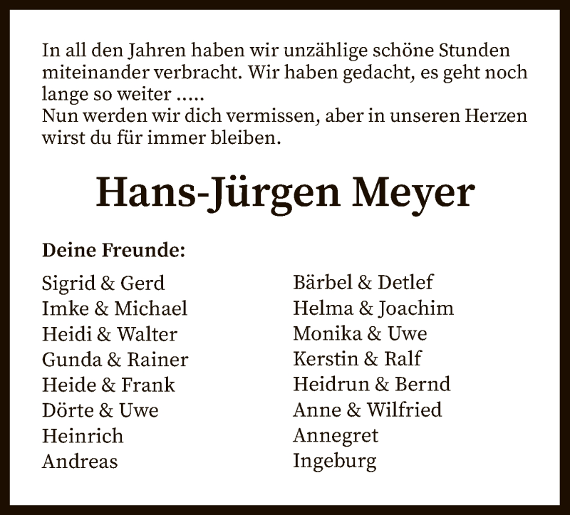  Traueranzeige für Hans-Jürgen Meyer vom 14.04.2020 aus SYK