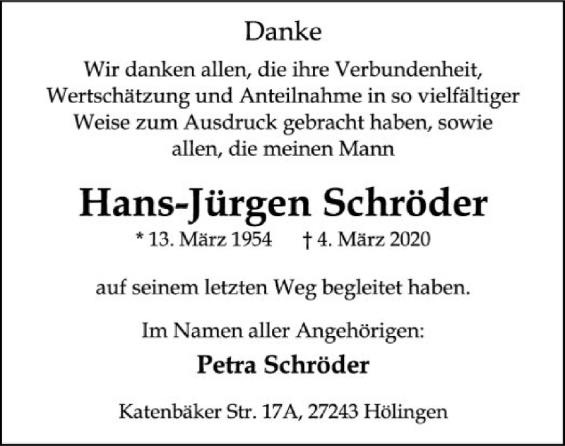  Traueranzeige für Hans-Jürgen Schröder vom 25.04.2020 aus SYK