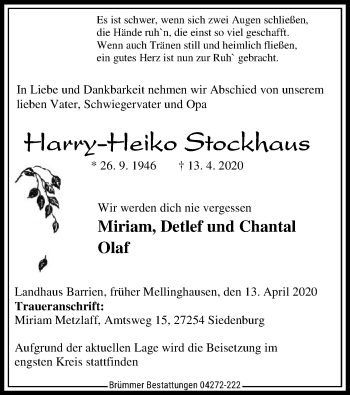 Traueranzeige von Harry-Heiko Stockhaus von SYK