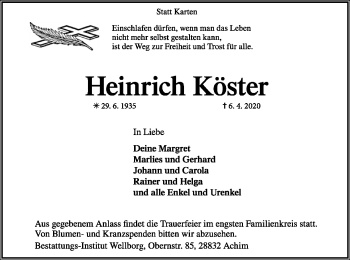 Traueranzeige von Heinrich Köster von SYK