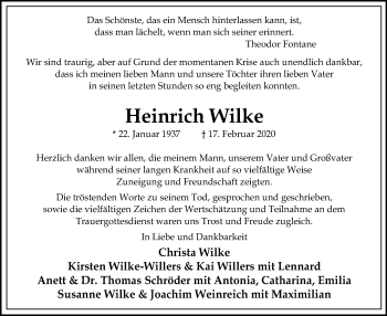 Traueranzeige von Heinrich Wilke von SYK