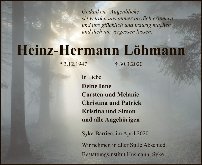  Traueranzeige für Heinz-Hermann Löhmann vom 03.04.2020 aus SYK
