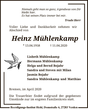 Traueranzeige von Heinz Mühlenkamp von SYK