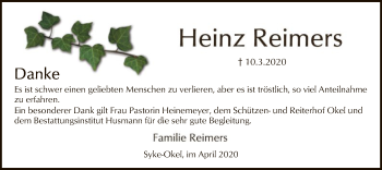 Traueranzeige von Heinz Reimers von SYK