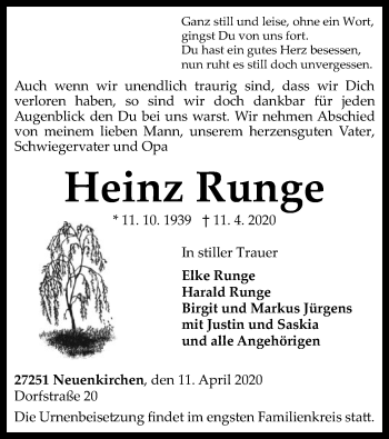 Traueranzeige von Heinz Runge von SYK