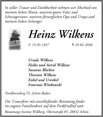 Traueranzeige von Heinz Wilkens von SYK