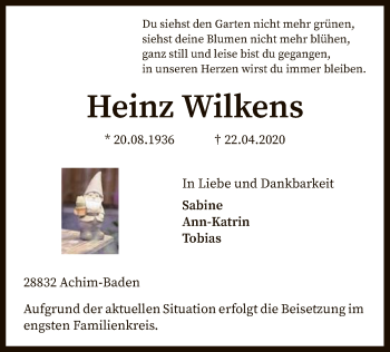 Traueranzeige von Heinz Wilkens von SYK