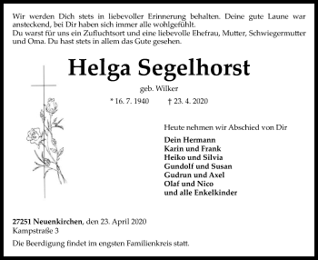 Traueranzeige von Helga Segelhorst von SYK