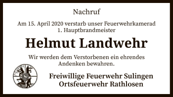 Traueranzeige von Helmut Landwehr von SYK