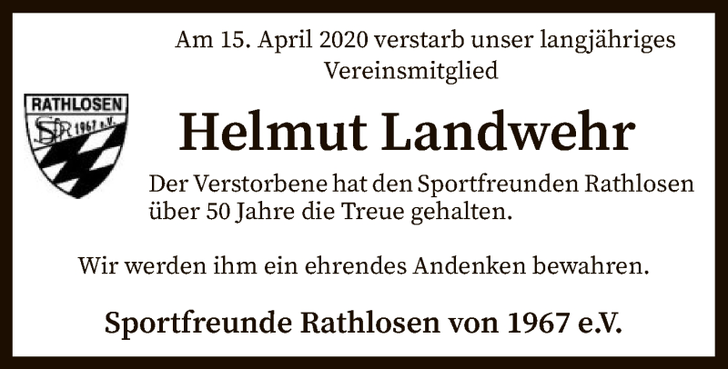  Traueranzeige für Helmut Landwehr vom 21.04.2020 aus SYK