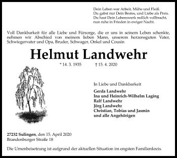 Traueranzeige von Helmut Landwehr von SYK